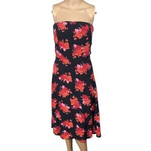 Vtg Y2K Bebe Black Red Floral Strapless Corset Midi Dress SZ 4